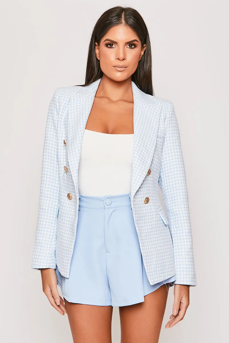 Alexina - Premium Baby Blue Houndstooth Gold Button Blazer