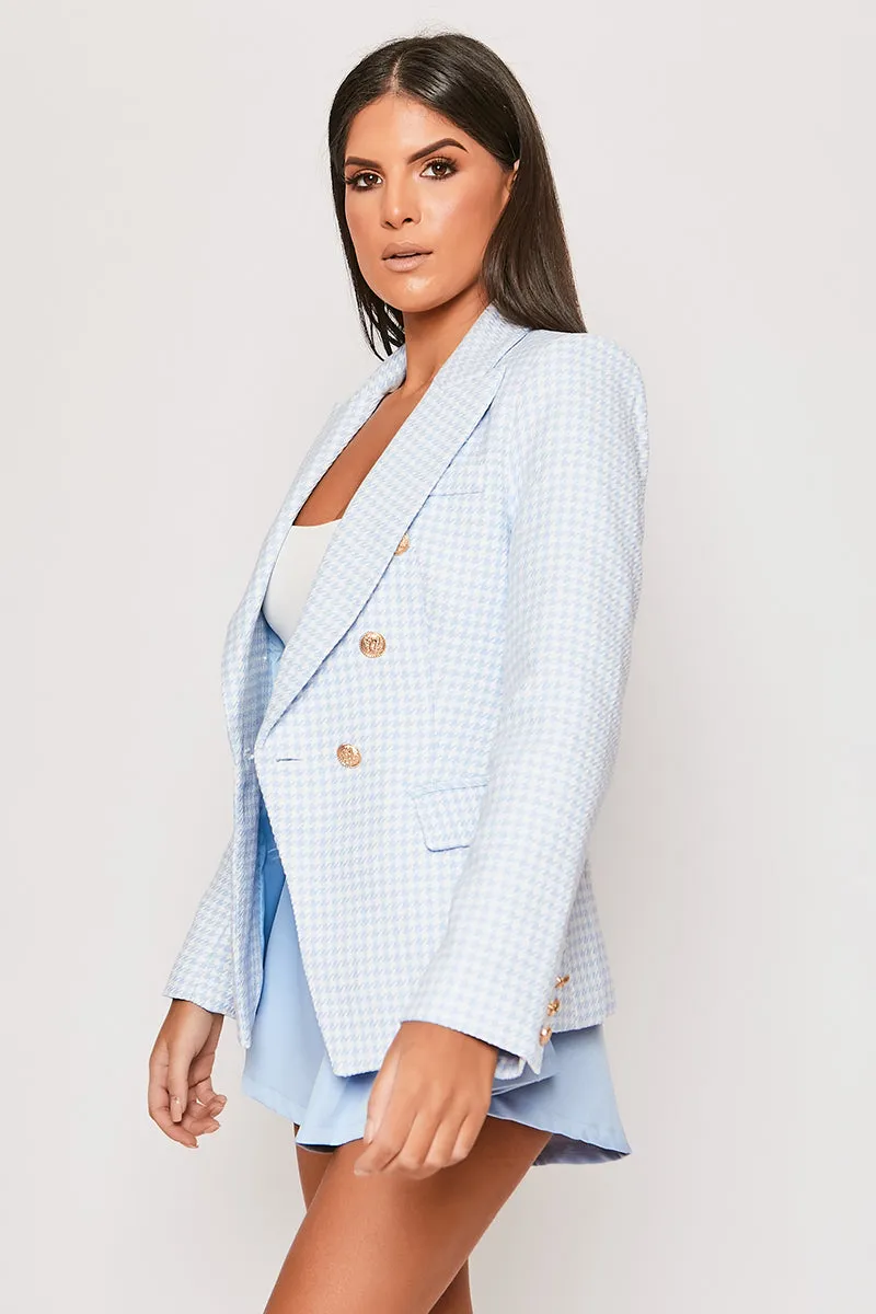 Alexina - Premium Baby Blue Houndstooth Gold Button Blazer