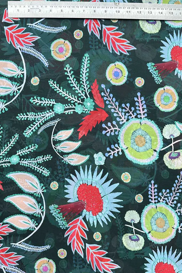 Bottle Green Digital Floral Printed Georgette Fabric