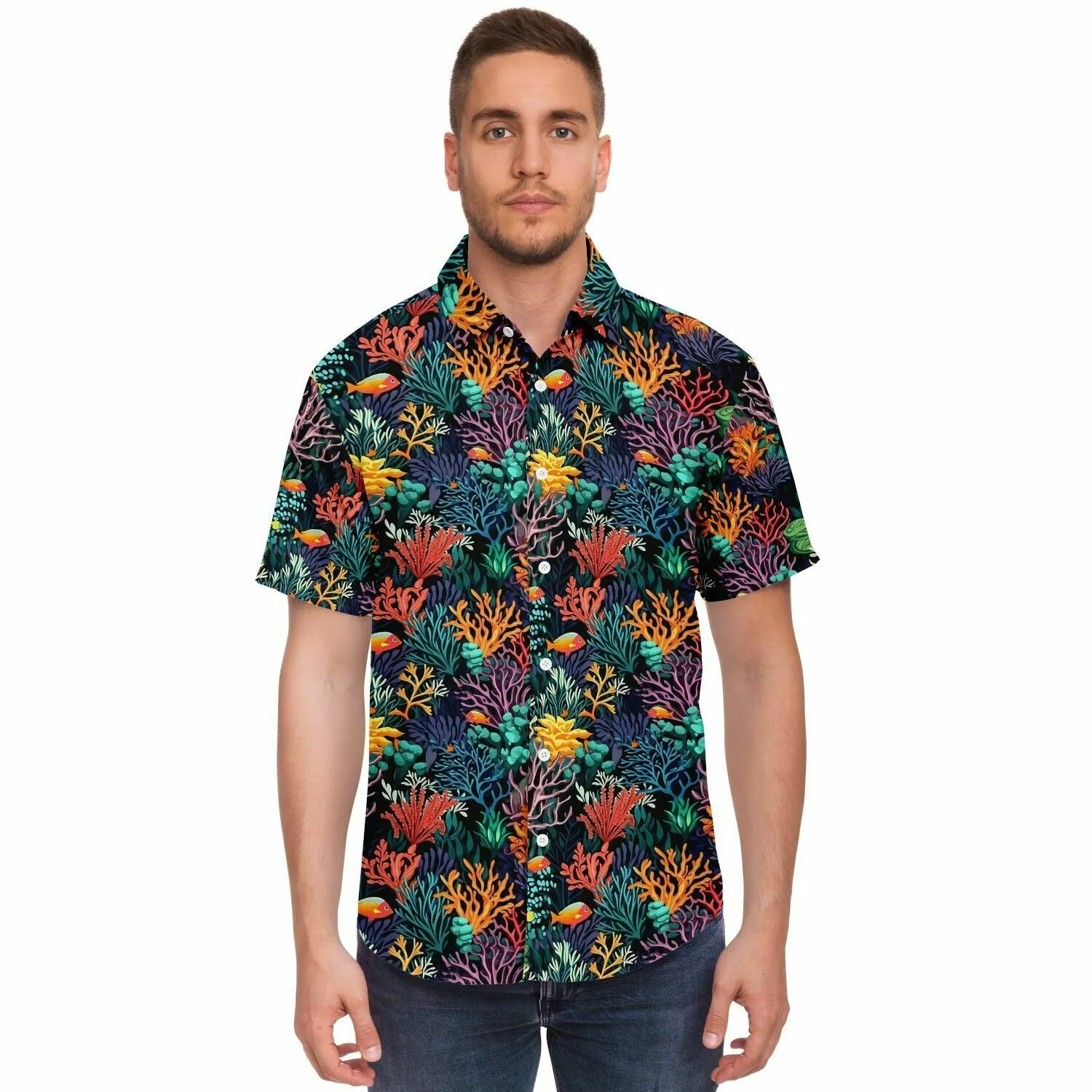 Coral Reef Short Sleeve Men Button Up Shirt, Sea Ocean Beach Tropical Fish Print Casual Buttoned Down Summer Collared Dress Shirt