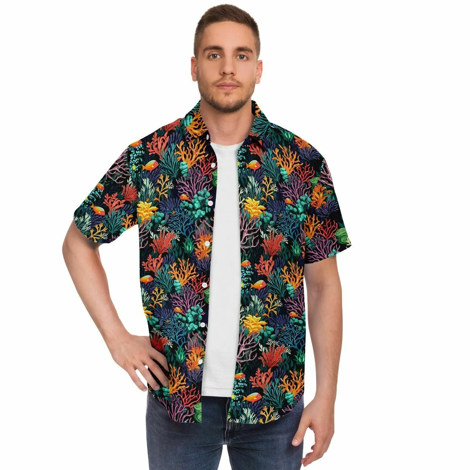 Coral Reef Short Sleeve Men Button Up Shirt, Sea Ocean Beach Tropical Fish Print Casual Buttoned Down Summer Collared Dress Shirt