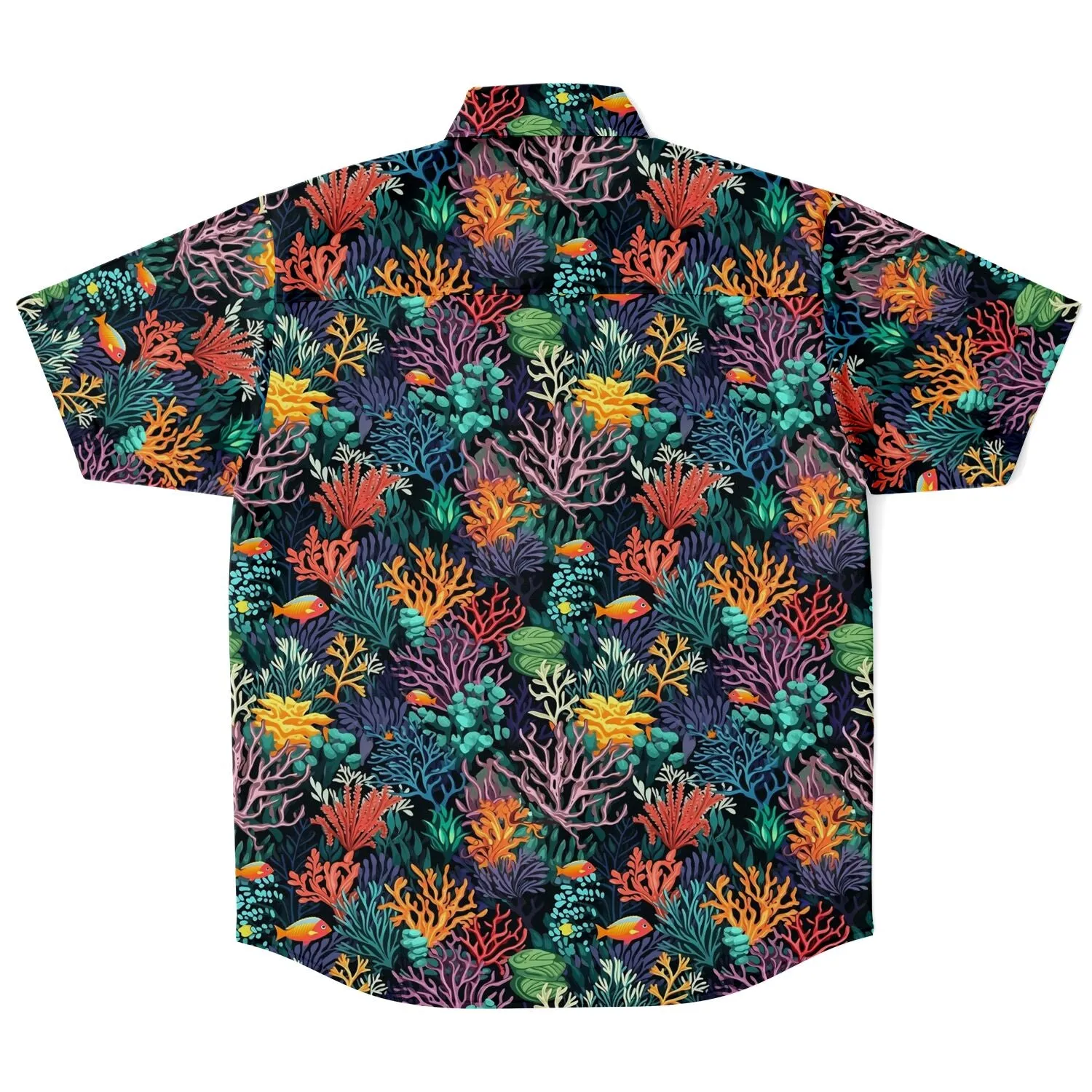 Coral Reef Short Sleeve Men Button Up Shirt, Sea Ocean Beach Tropical Fish Print Casual Buttoned Down Summer Collared Dress Shirt