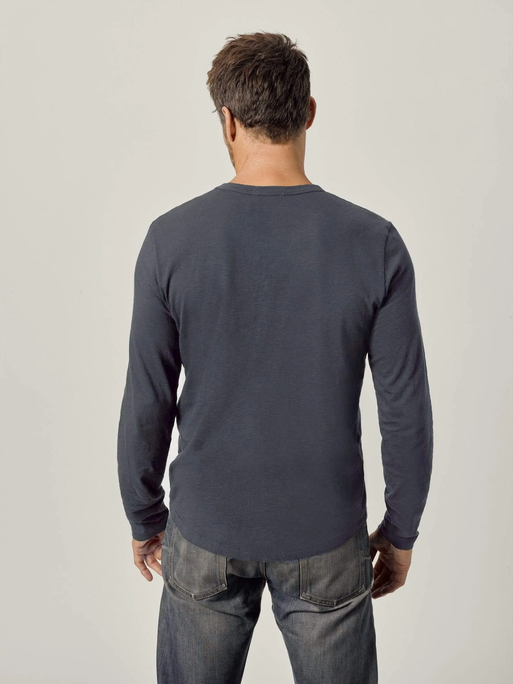 Dark Navy Venice Wash Long Sleeve Slub Curved Hem Tee