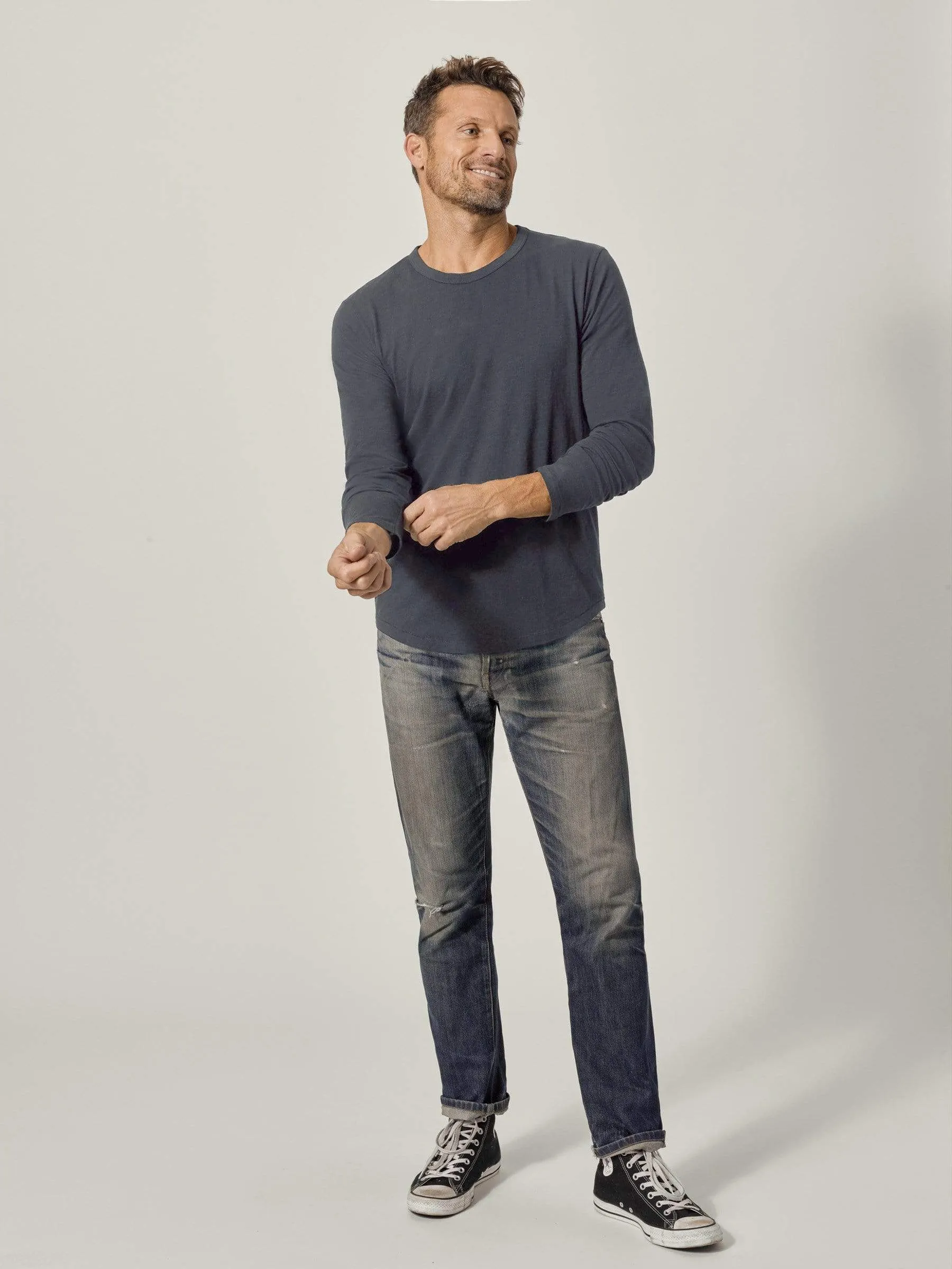 Dark Navy Venice Wash Long Sleeve Slub Curved Hem Tee