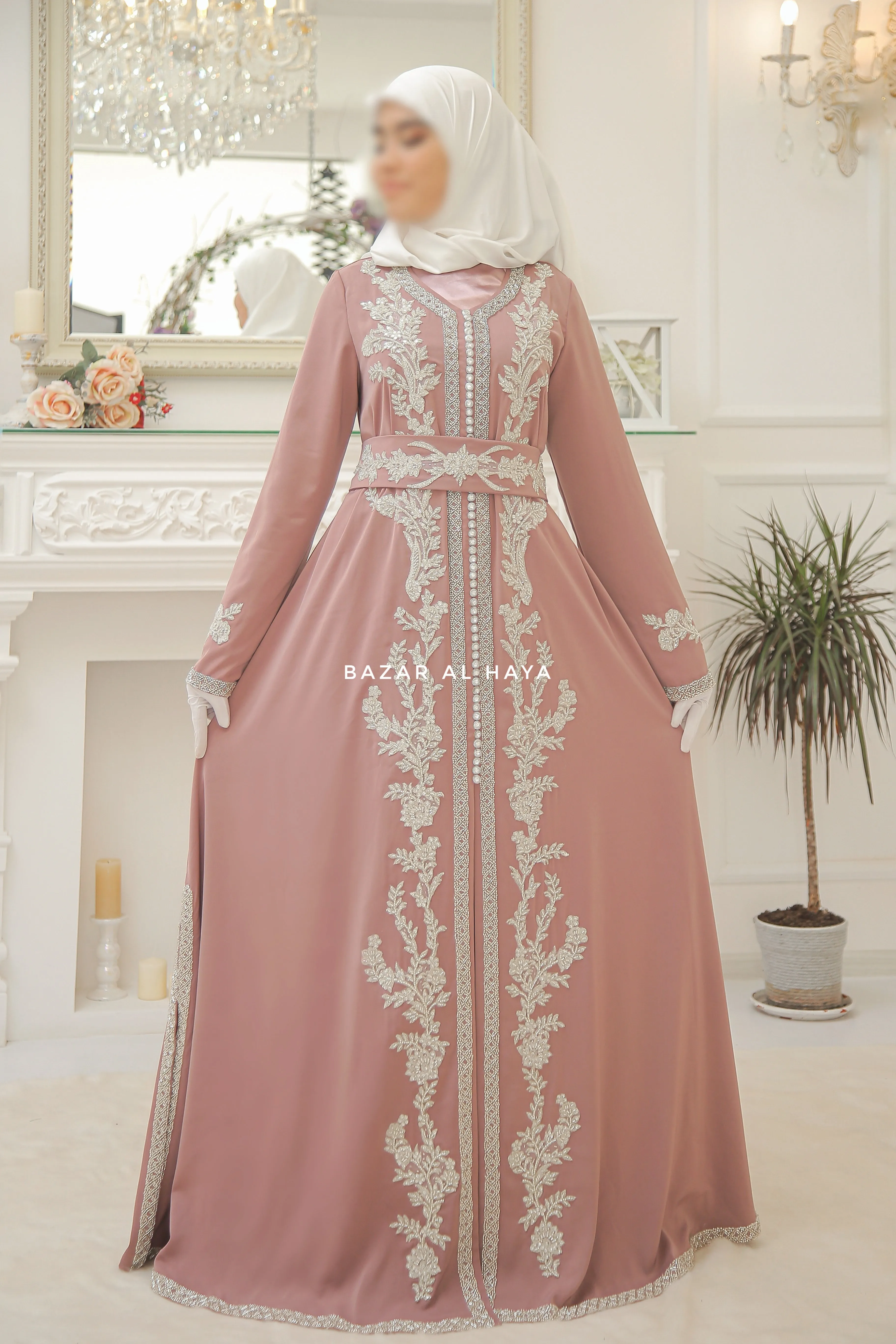 Duha Dusty Rose Moroccan Embroidered Luxurious Kaftan Abaya With Silk Dress & Belt Set - 3 Piece