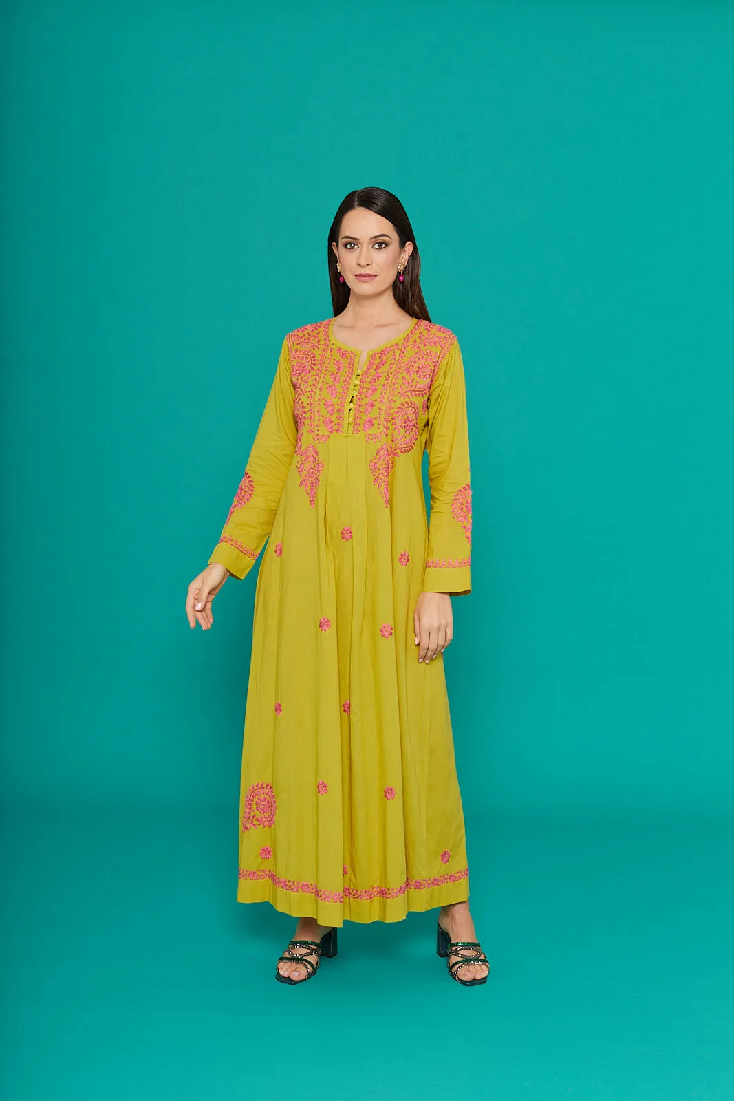 Embroidered Chikankari Kaftan in Palm Yellow