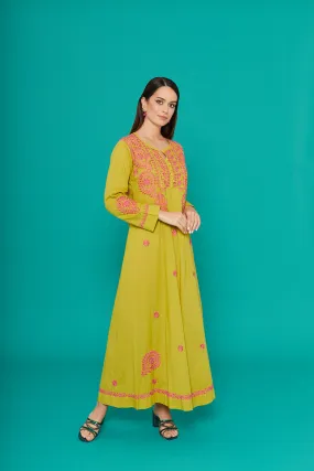 Embroidered Chikankari Kaftan in Palm Yellow