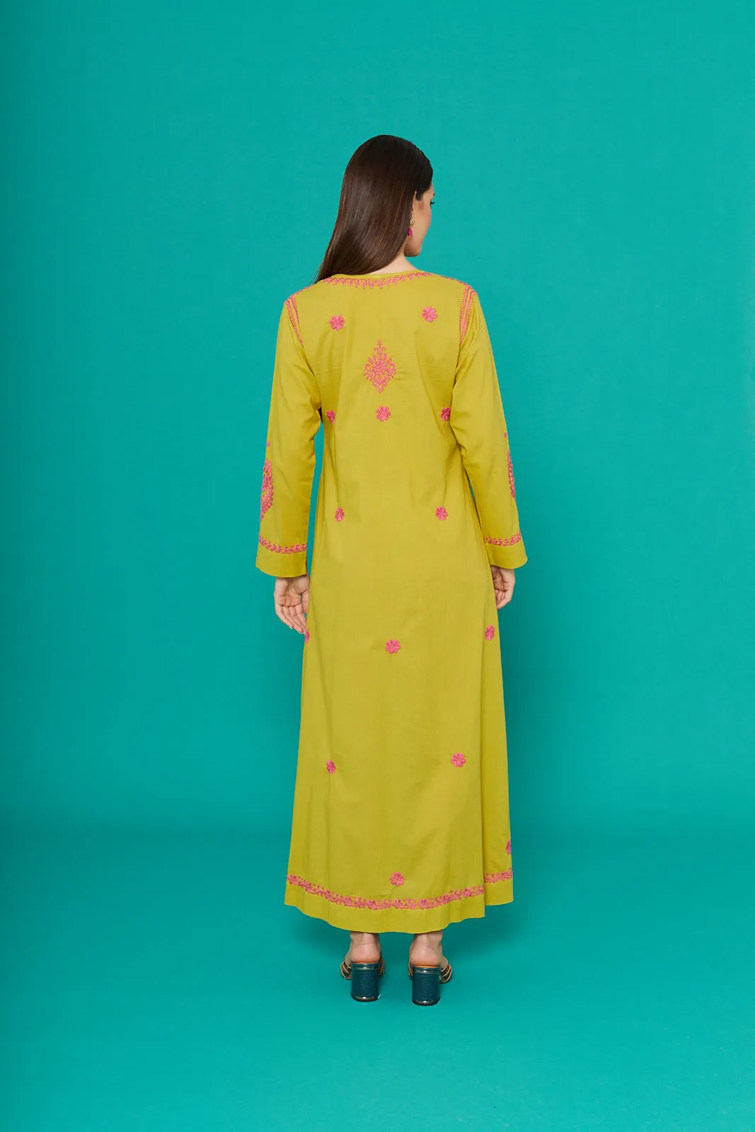 Embroidered Chikankari Kaftan in Palm Yellow