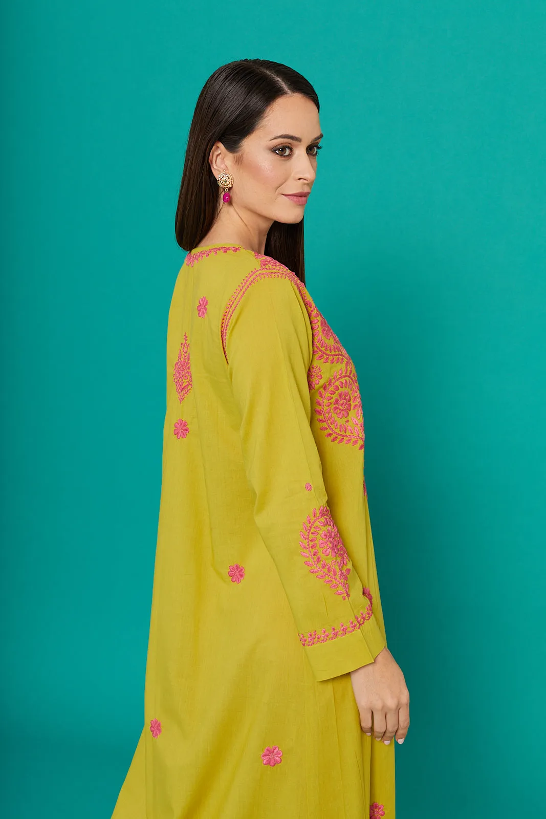 Embroidered Chikankari Kaftan in Palm Yellow