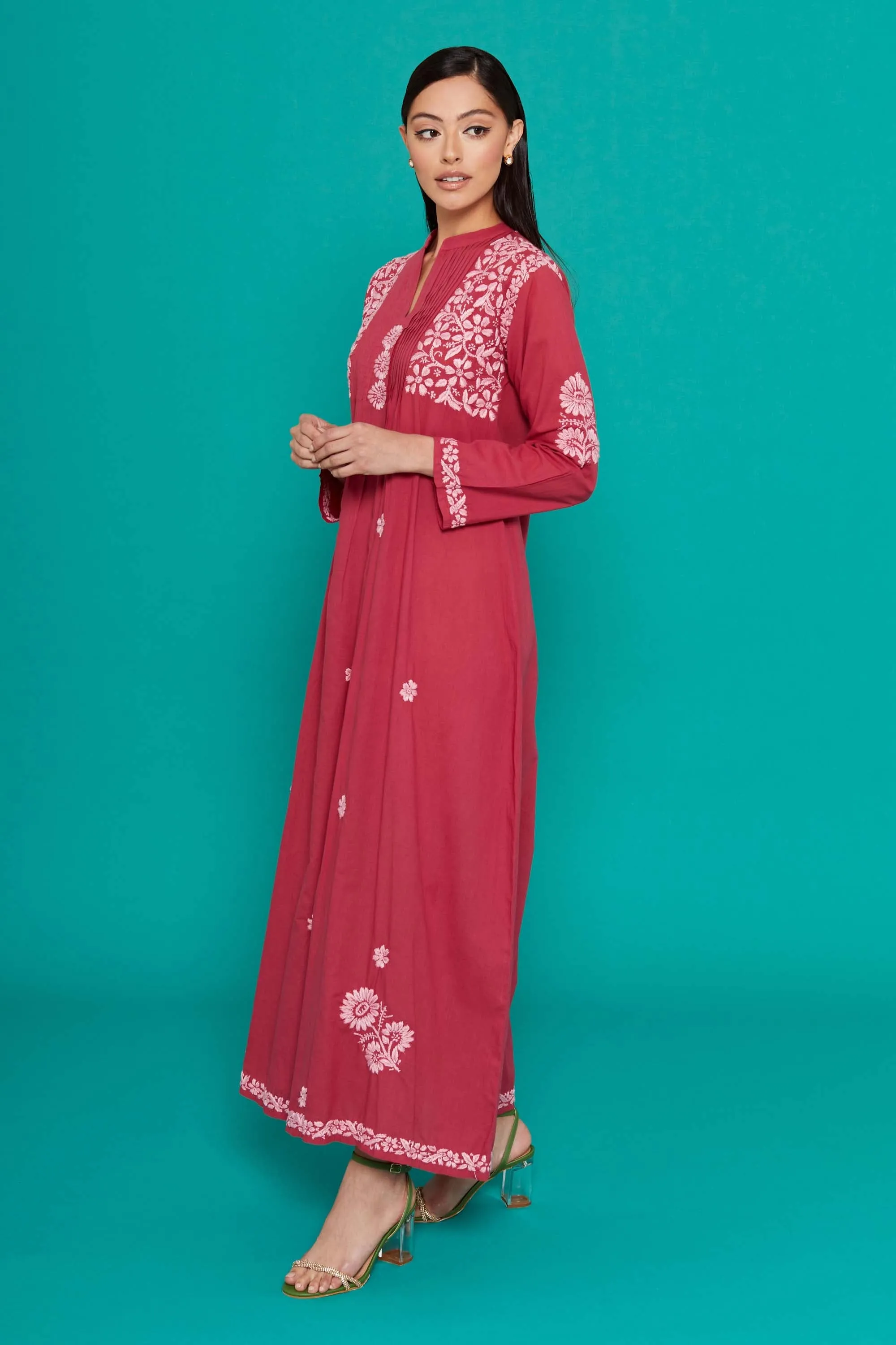 Embroidered Chikankari Kaftan in Red Bud