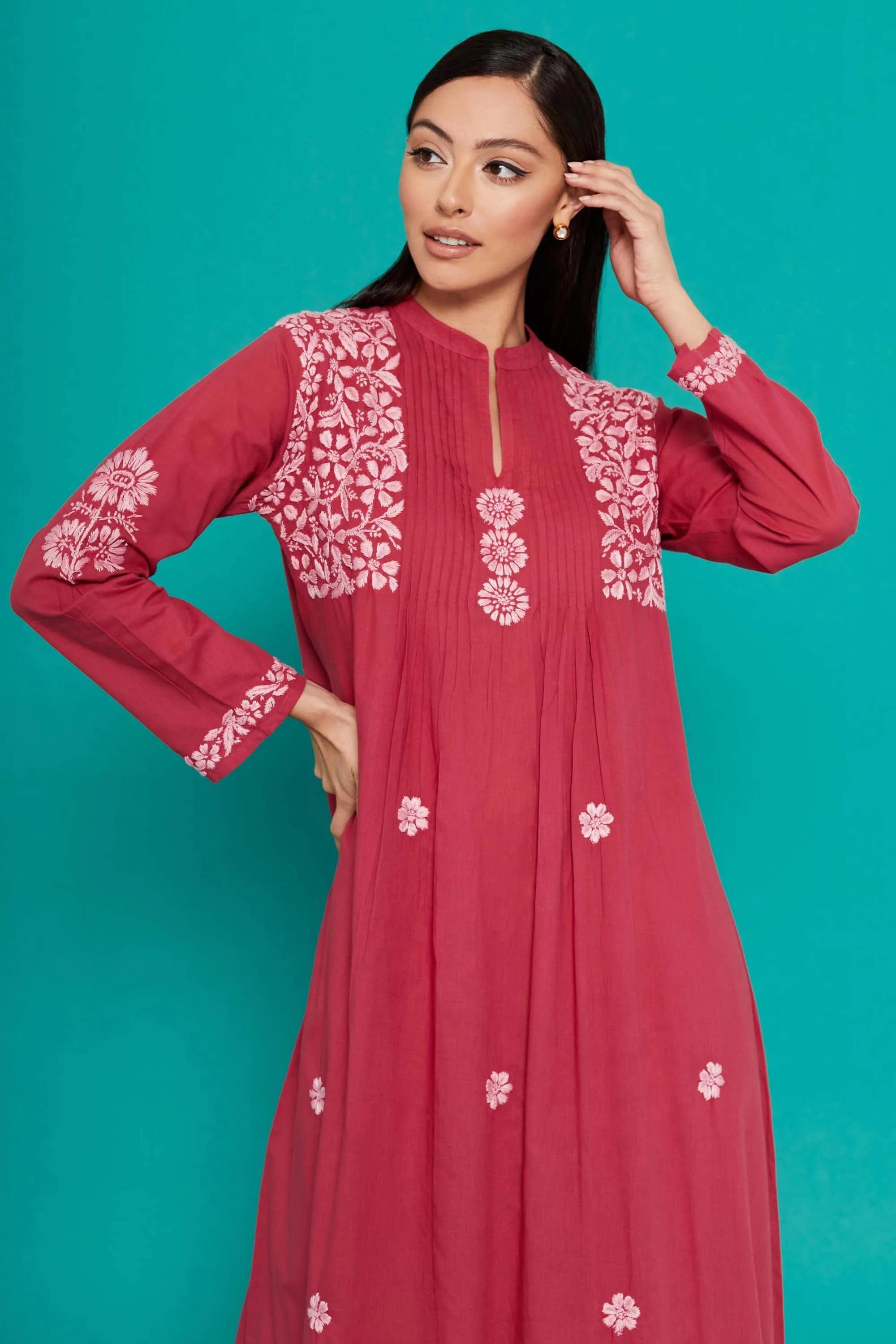 Embroidered Chikankari Kaftan in Red Bud