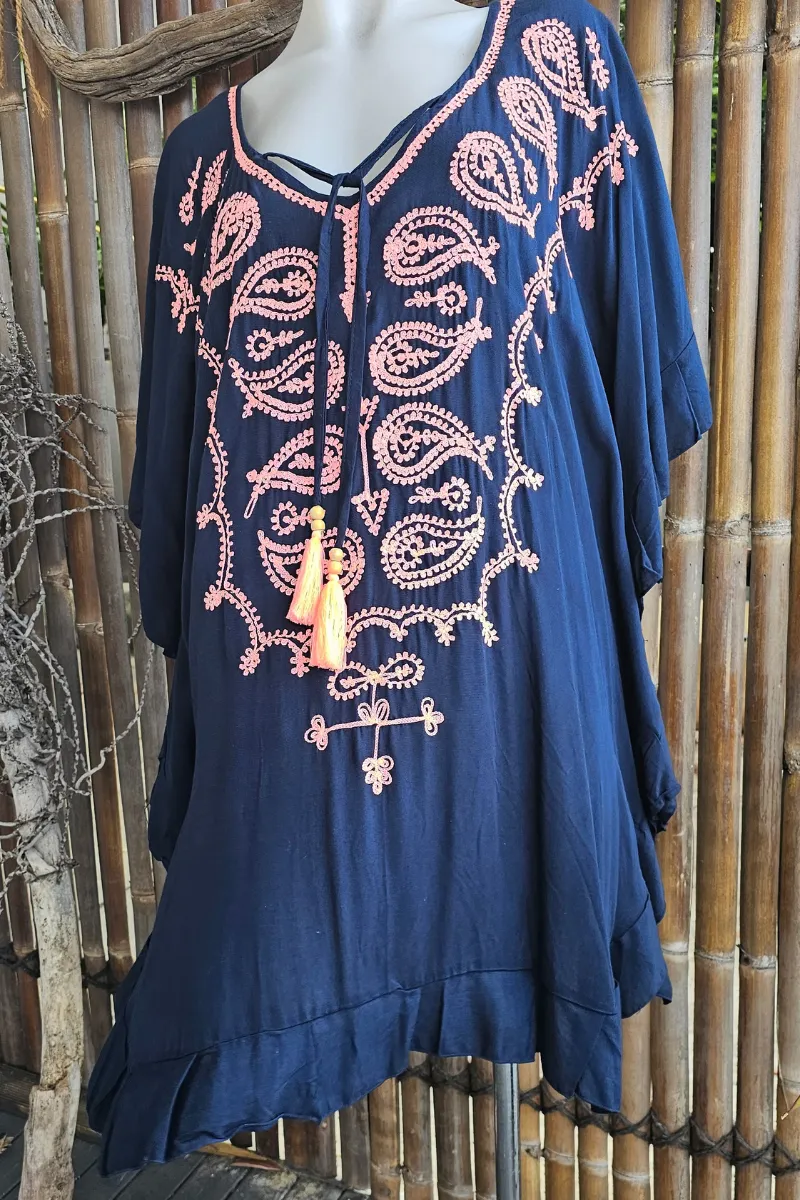 Embroidered Rayon Navy Pink Kaftan