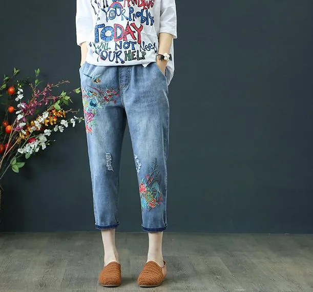 Embroidery Detailed Retro Drawstring Ripped Loose Denim Pants