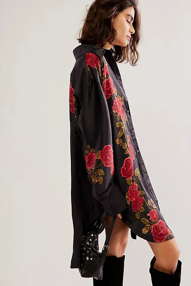 Free People Off The Vine Button Down in Black/Red Roses