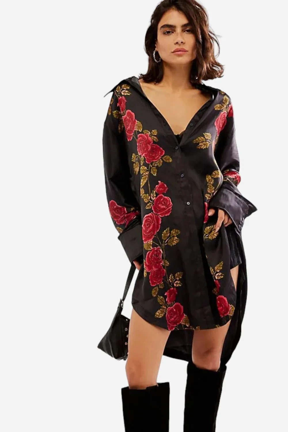 Free People Off The Vine Button Down in Black/Red Roses