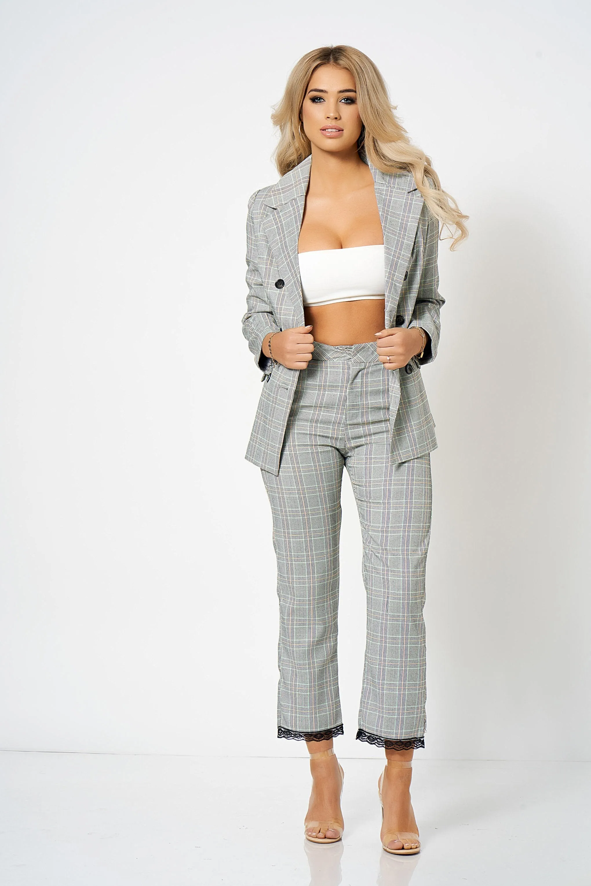 Grey Checked Double Breasted Blazer Co-Ord