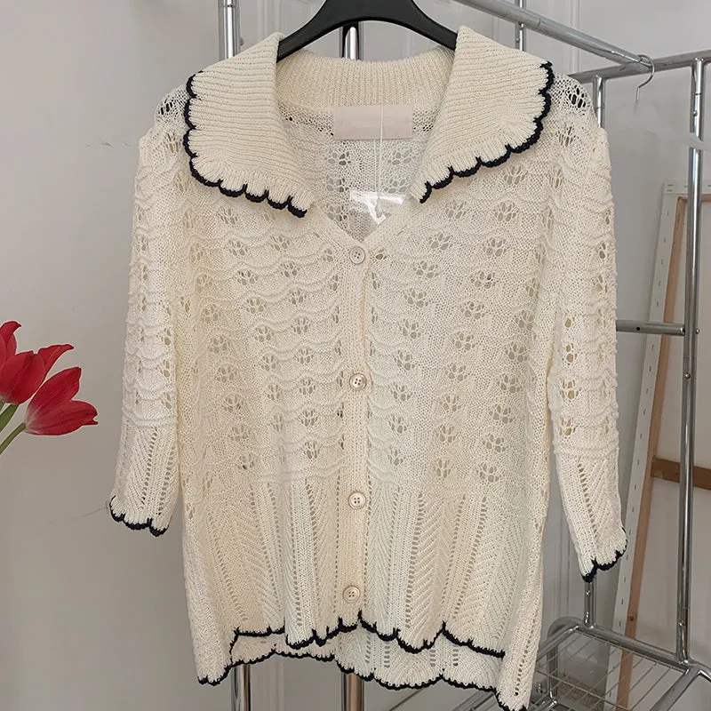 [Korean Style] Contrast Pipping Crochet Short Sleeve Collared Knit Top