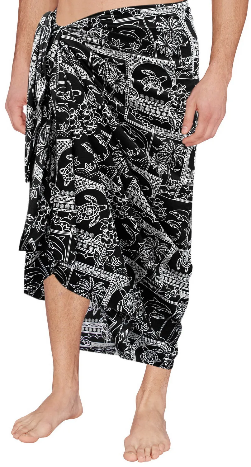 LA LEELA Men Sarong Soft Light Printed Casual Resort Pareo Boys Wrap 72"X42" Black_3090