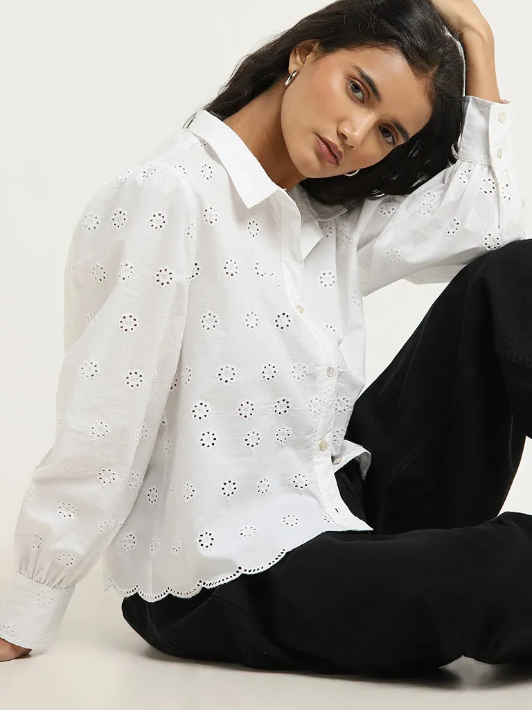 LOV White Cotton Schiffli Detailed Shirt