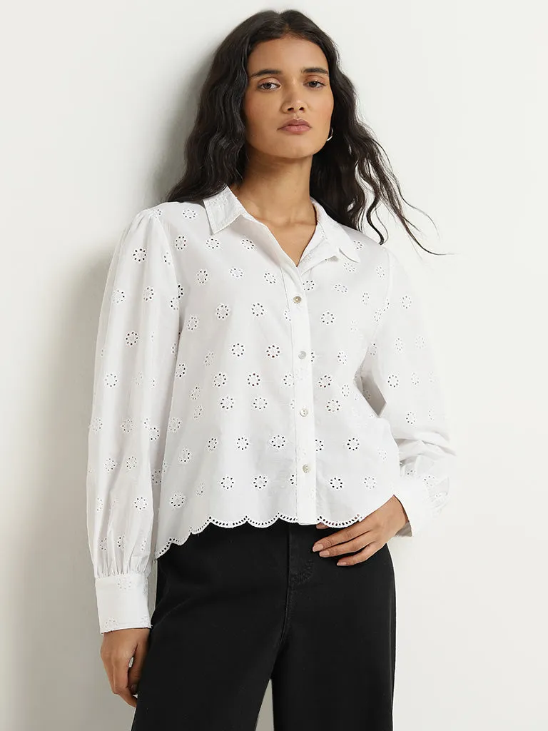 LOV White Cotton Schiffli Detailed Shirt