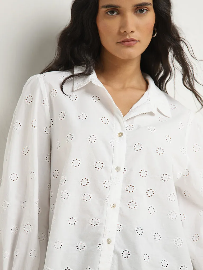 LOV White Cotton Schiffli Detailed Shirt