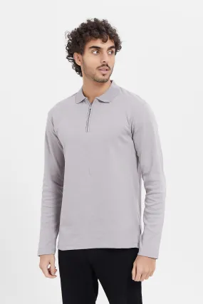 Men Grey Zip Placket Long Sleeve Polo Shirt