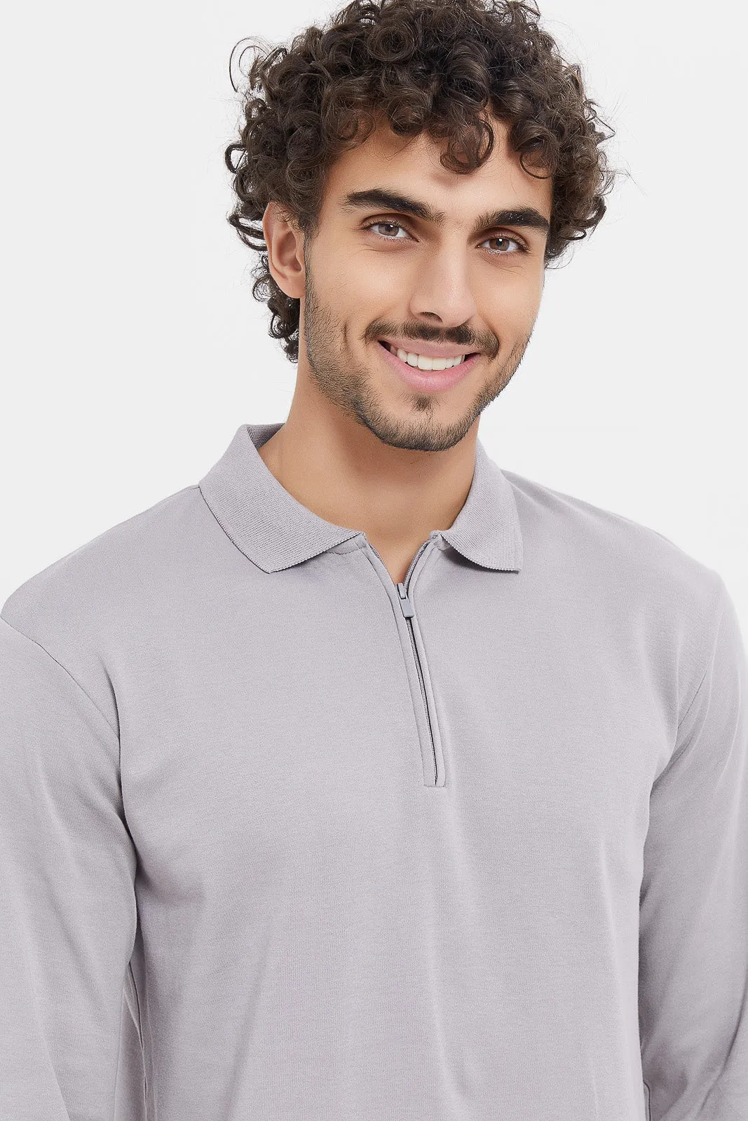 Men Grey Zip Placket Long Sleeve Polo Shirt