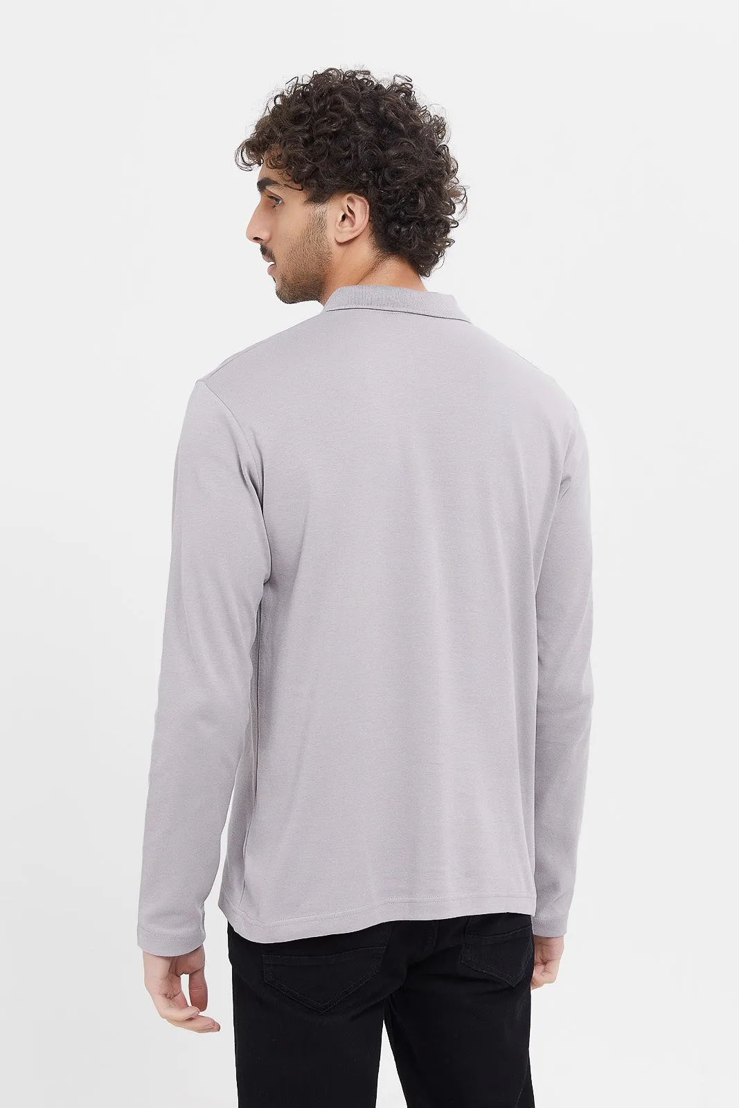 Men Grey Zip Placket Long Sleeve Polo Shirt