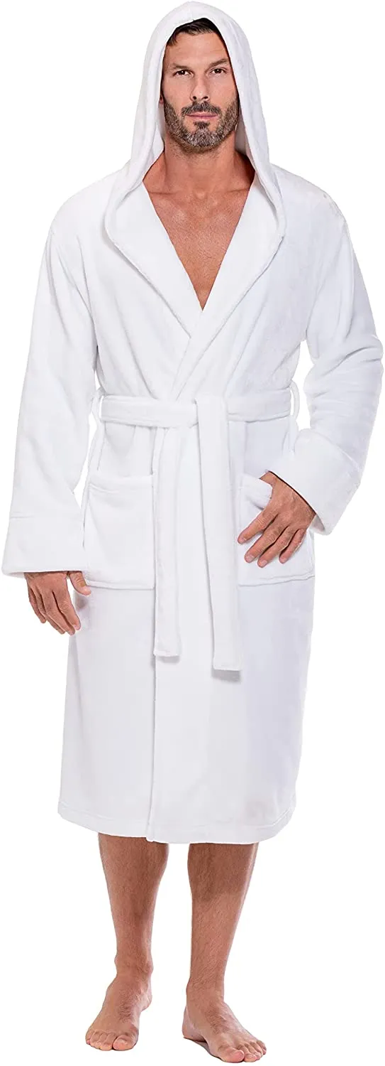 Men's White Long Sleeve Soft Fuzzy Hooded Robe