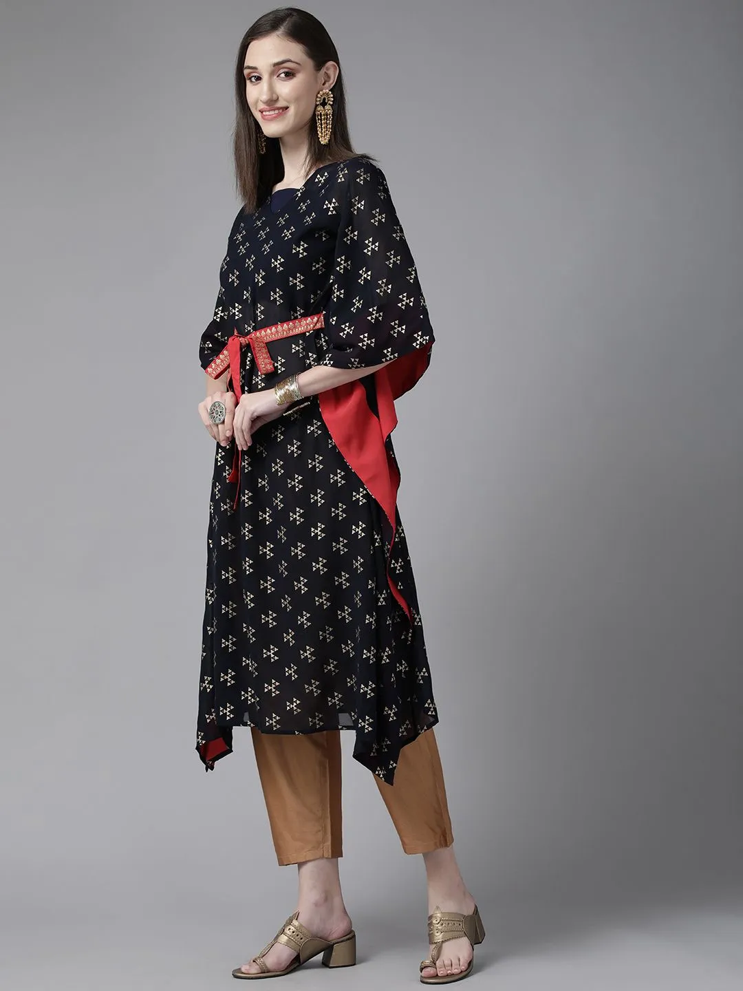 Navy Blue Georgette Gold Printed Kaftan Kurta