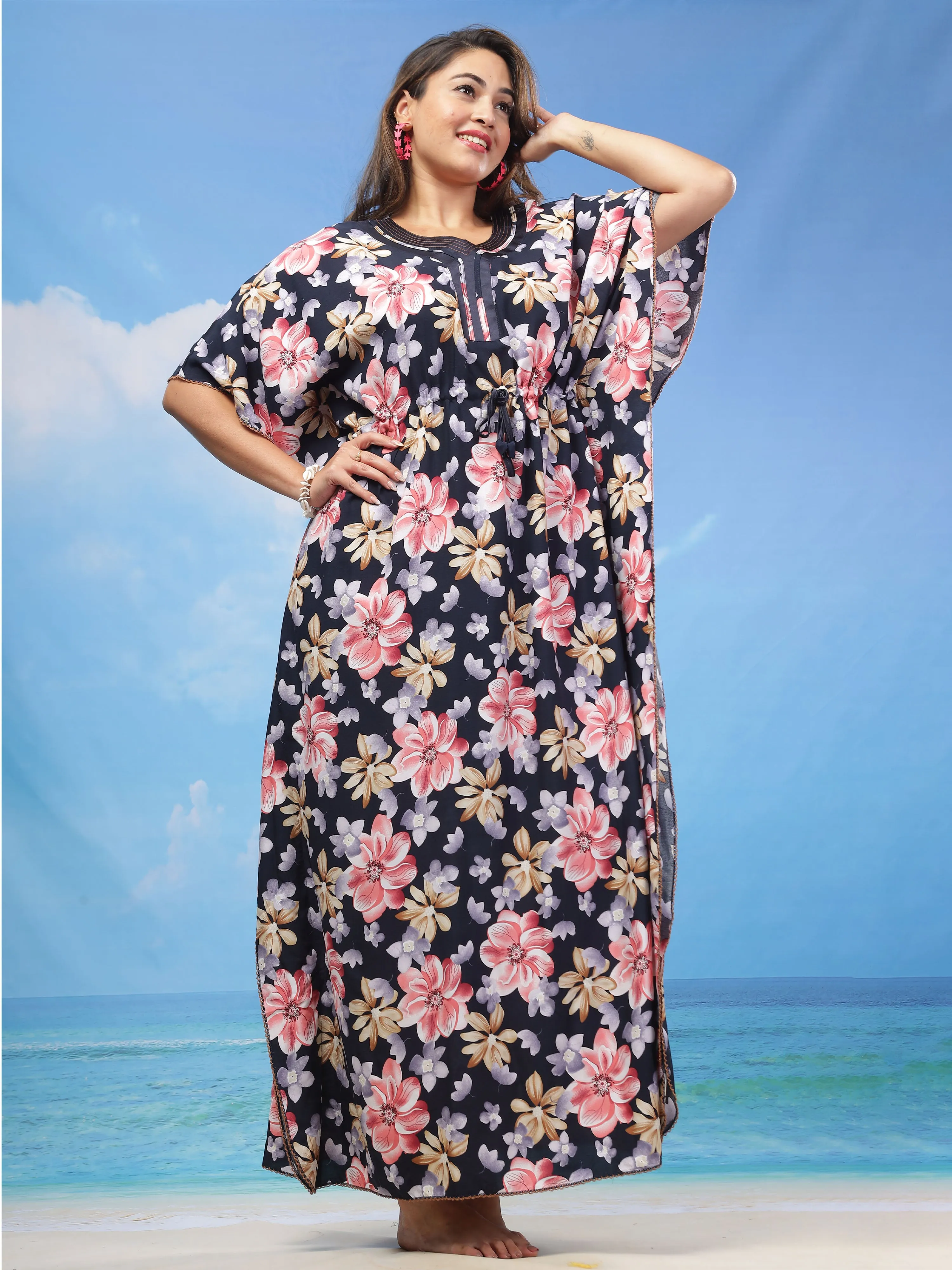 Navy Blue Rayon Kaftan: Flowy Sleeves