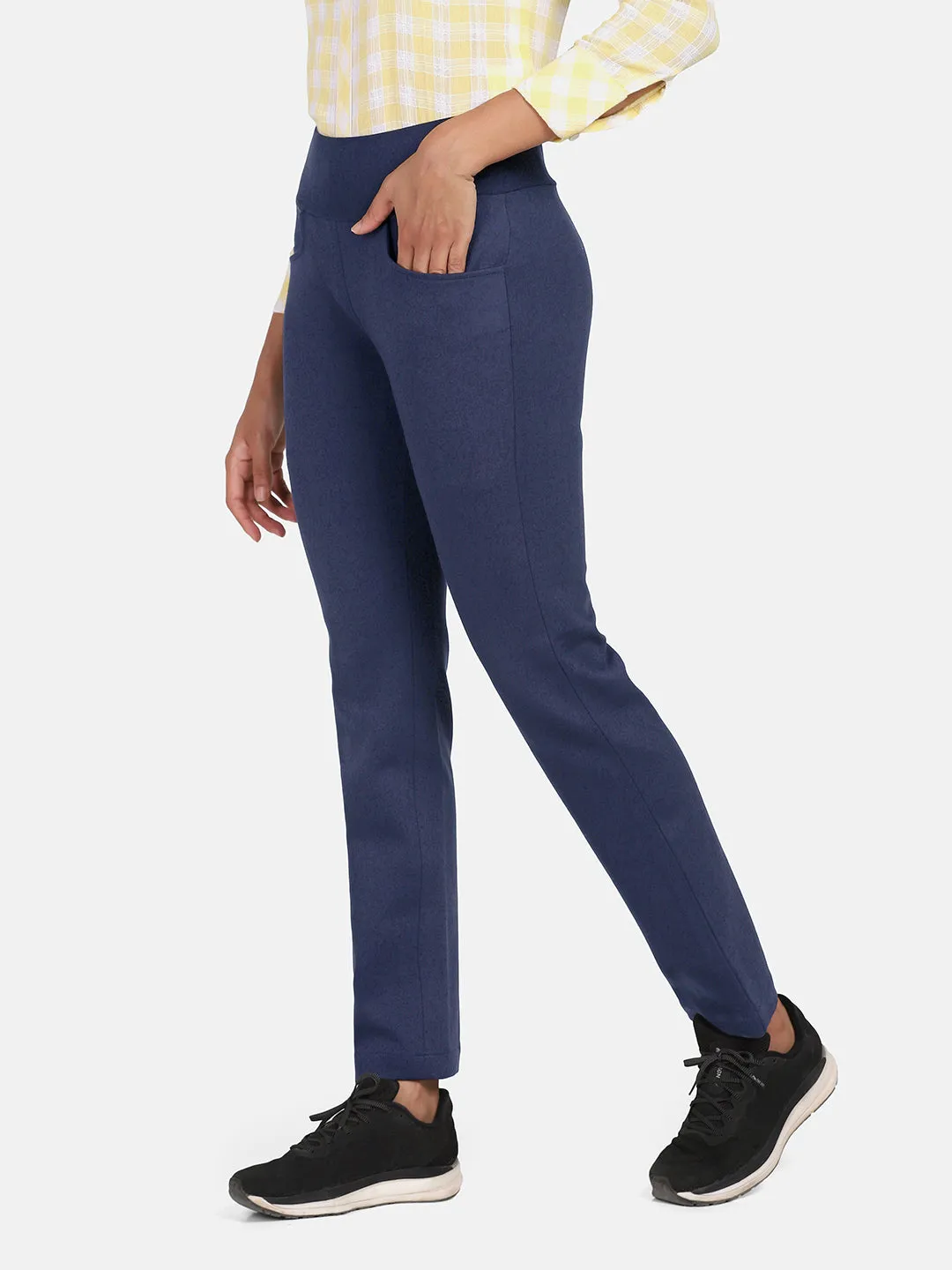 Navy Blue Viscose Wide Belt Stretch Trouser