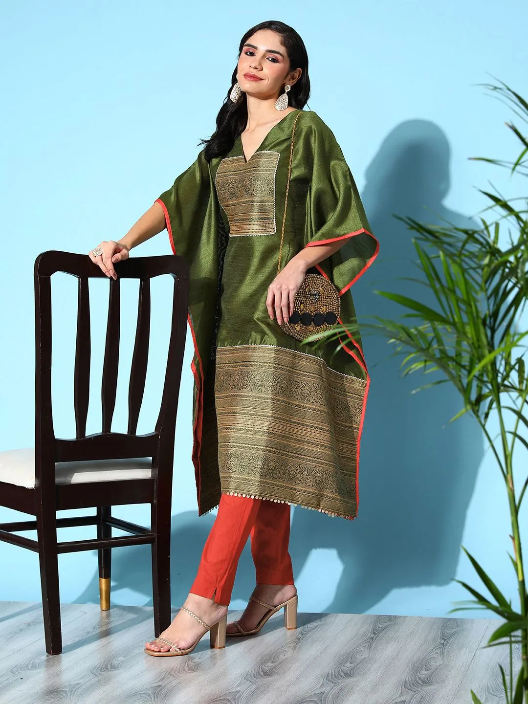 Olive Green Poly Silk Printed Kaftan Kurta