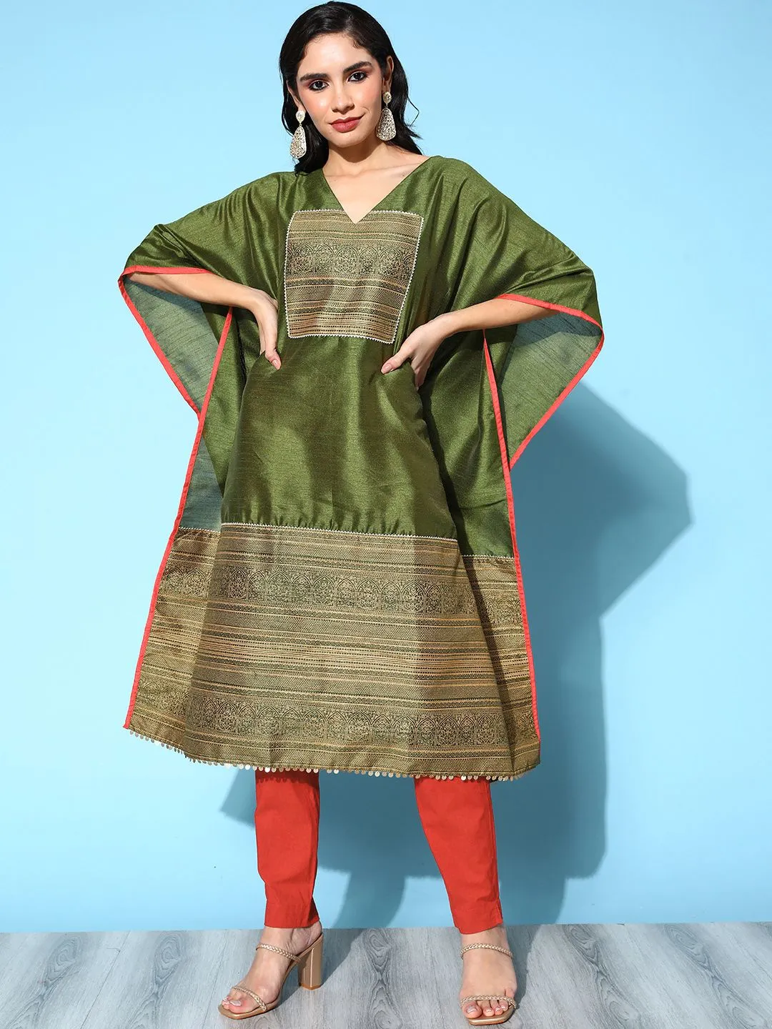 Olive Green Poly Silk Printed Kaftan Kurta