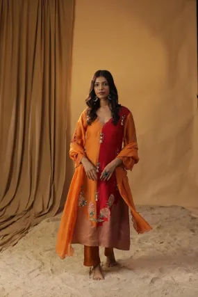 ORANGE HANDPAINTED CHANDERI SILK SUIT SET