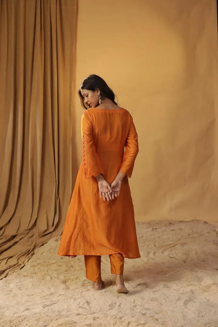 ORANGE HANDPAINTED CHANDERI SILK SUIT SET