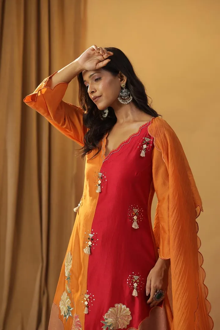 ORANGE HANDPAINTED CHANDERI SILK SUIT SET