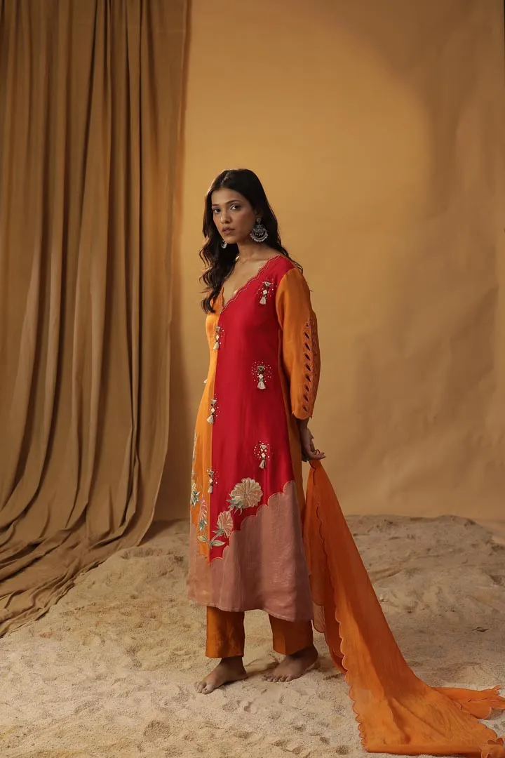 ORANGE HANDPAINTED CHANDERI SILK SUIT SET