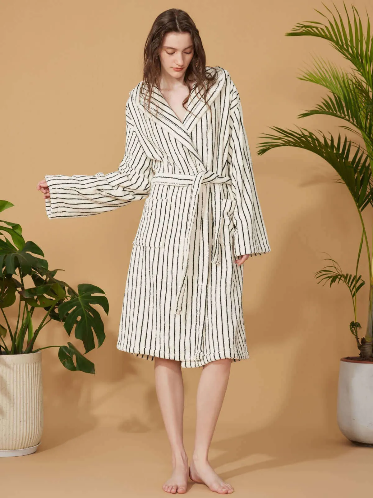 Organic Cotton Striped Bathrobe White