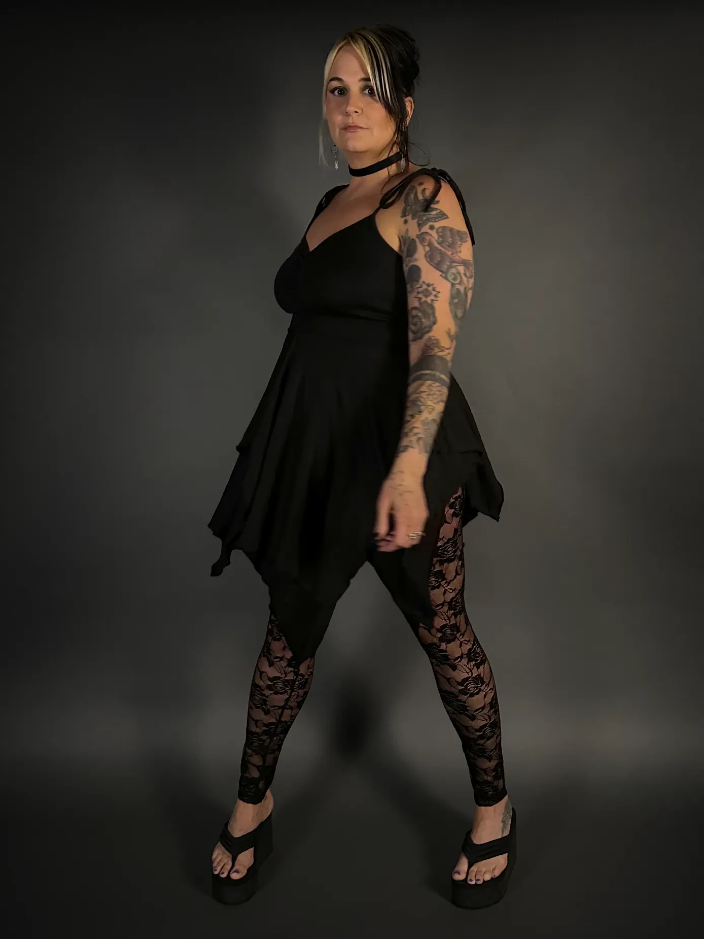 Outfit Set - Black Spaghetti Strap Fairy Dress & Rose Lace Translucent Leggings