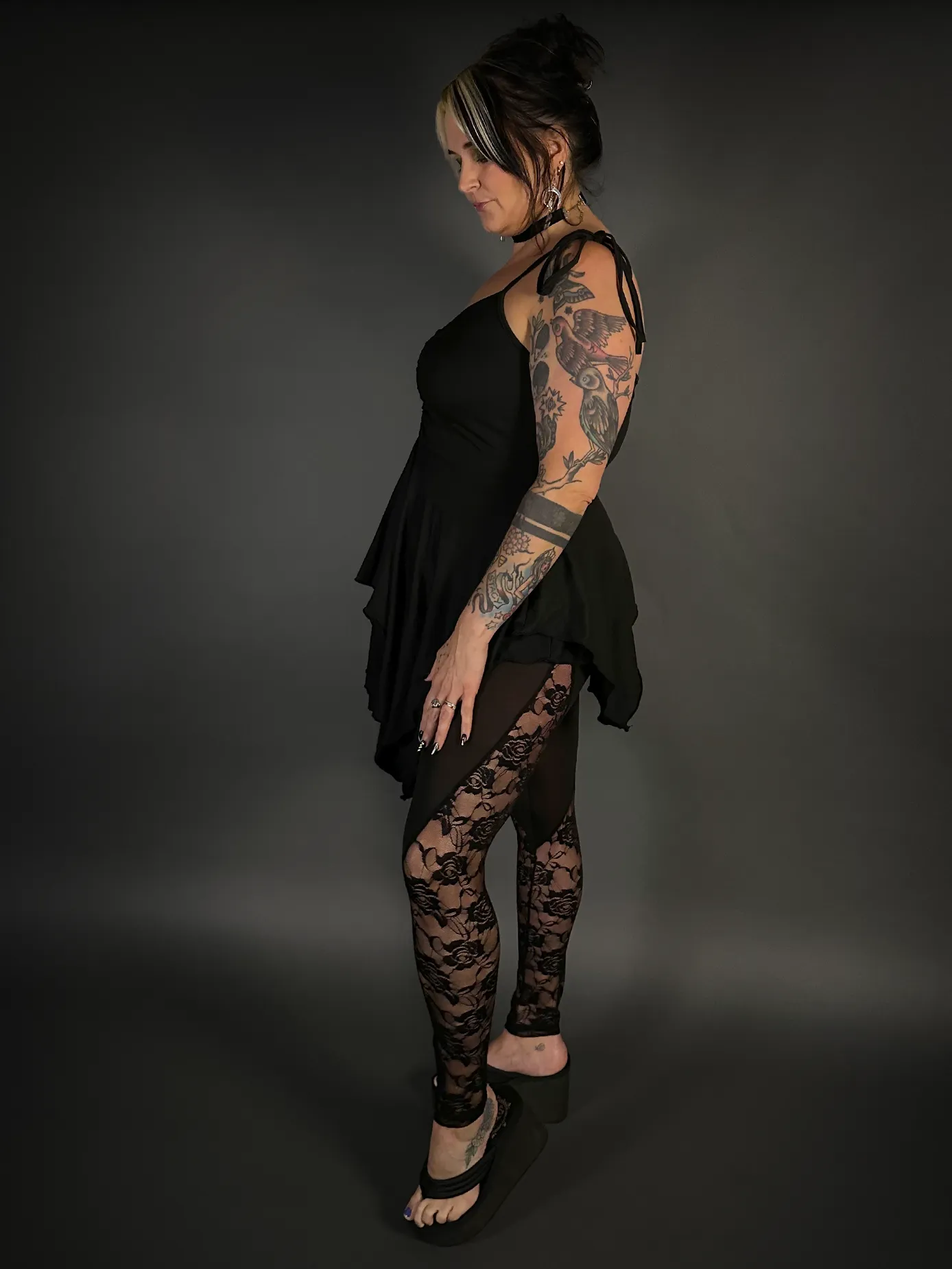 Outfit Set - Black Spaghetti Strap Fairy Dress & Rose Lace Translucent Leggings