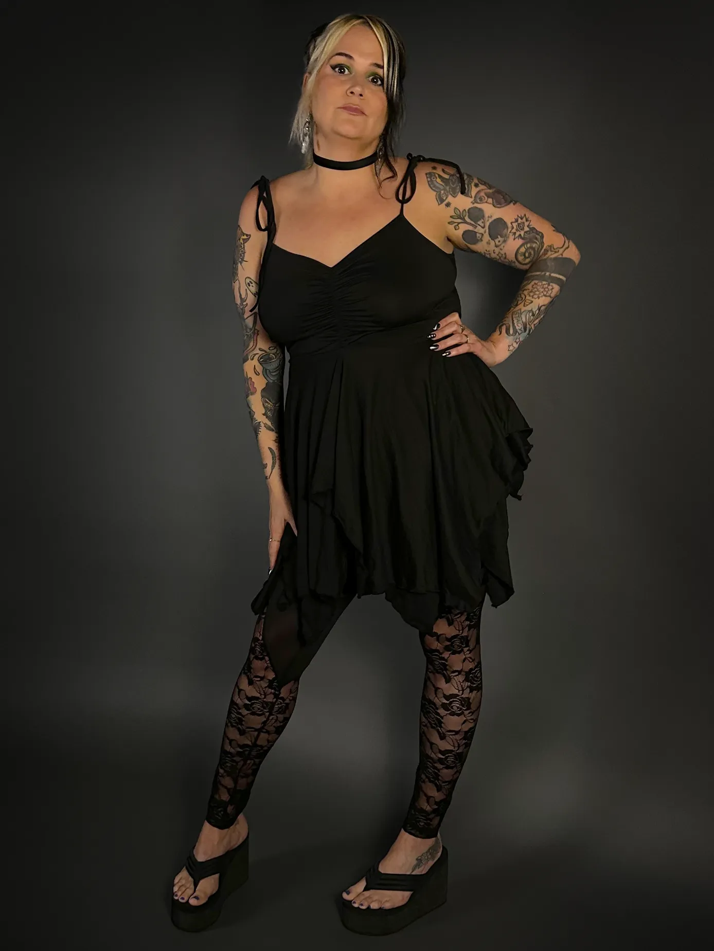 Outfit Set - Black Spaghetti Strap Fairy Dress & Rose Lace Translucent Leggings