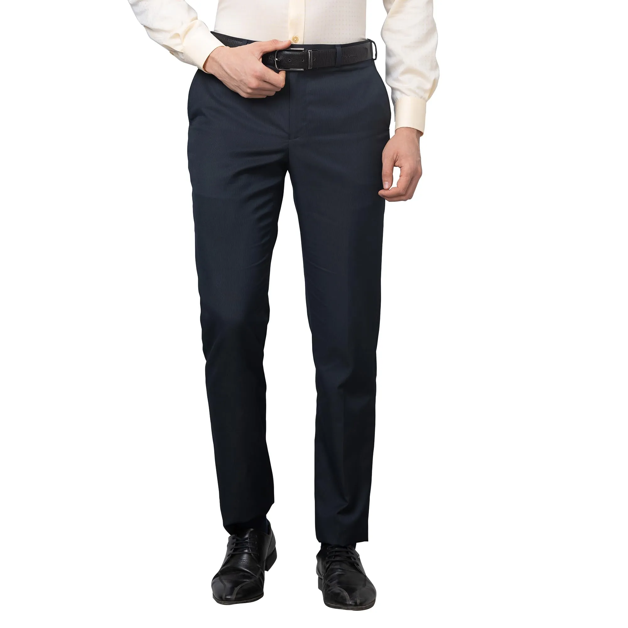 Park Avenue Men's Smart Fit Polyviscose Blend Flat Front Stripe Pattern Dark Blue Formal Trouser (Size: 32)-PMTX07542-B8