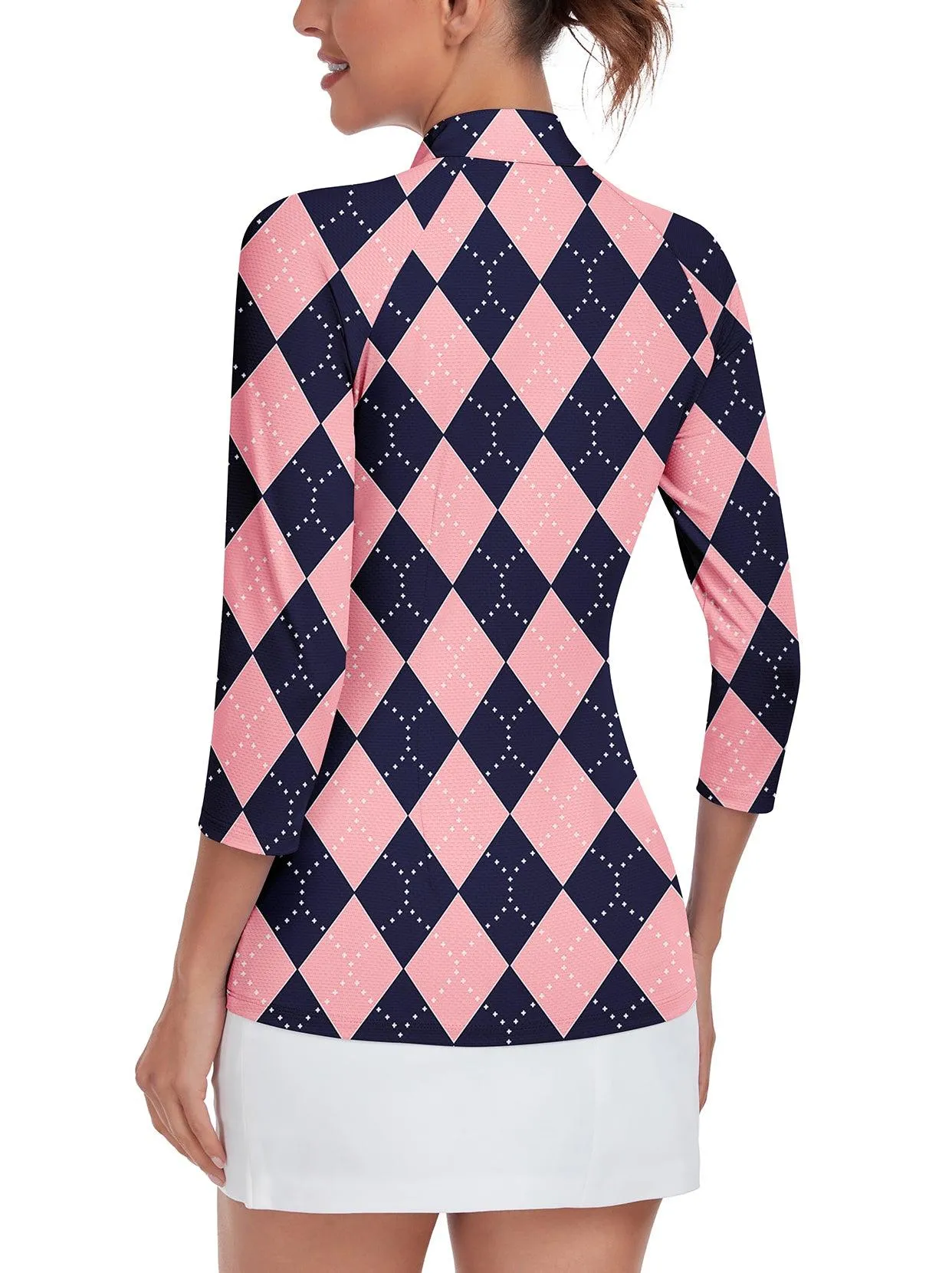 Pink and Blue Checkerboard 3/4 Sleeve Shirt for Women