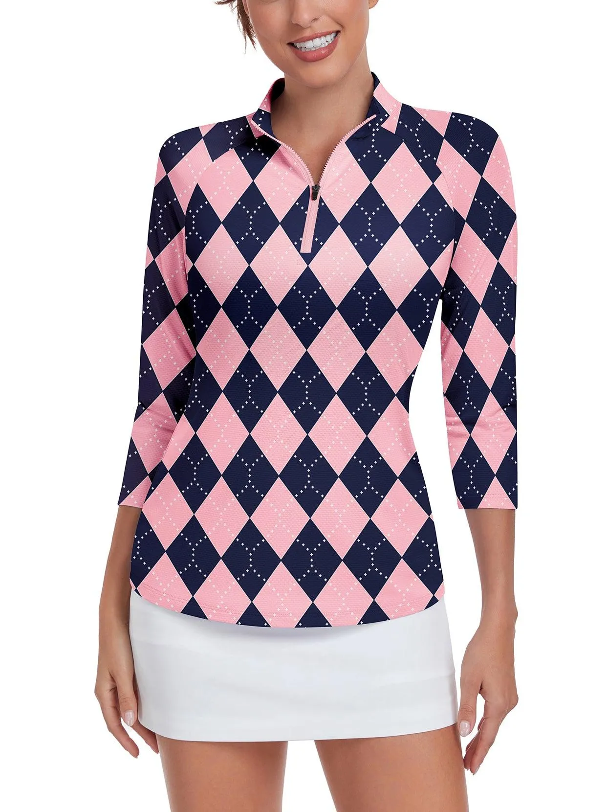 Pink and Blue Checkerboard 3/4 Sleeve Shirt for Women