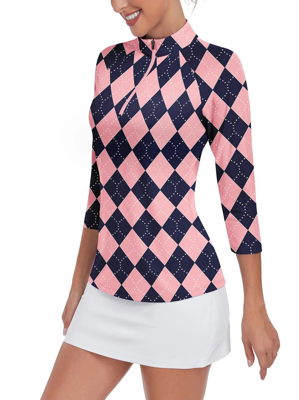 Pink and Blue Checkerboard 3/4 Sleeve Shirt for Women