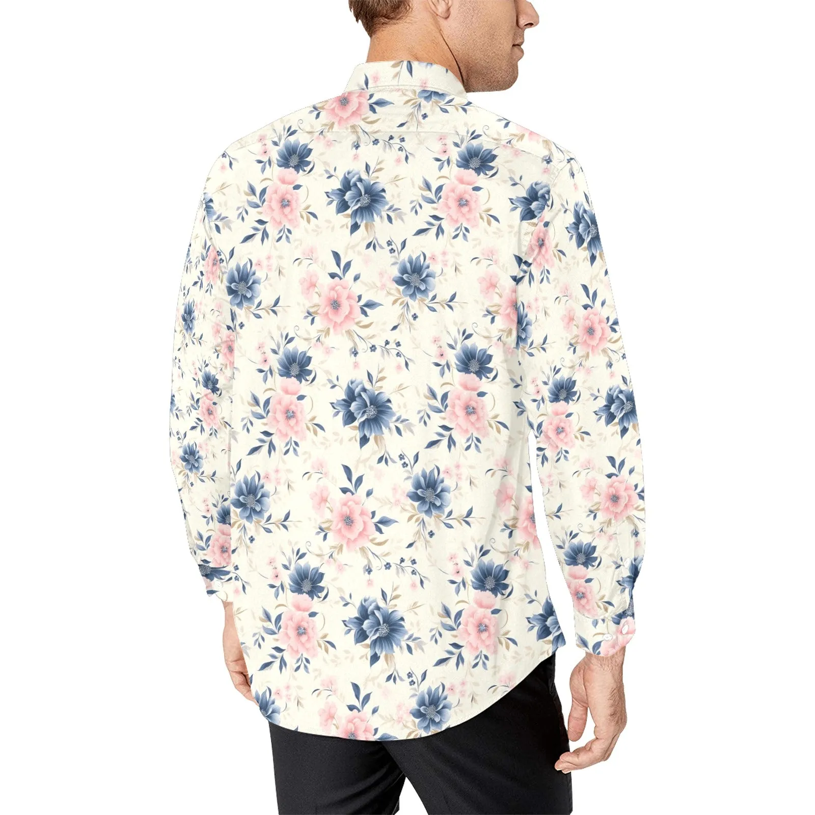 Pink Blue Floral Long Sleeve Men Button Up Shirt, White Flowers Print White Casual Buttoned Collared Designer Dress Shirt with Chest Pocket