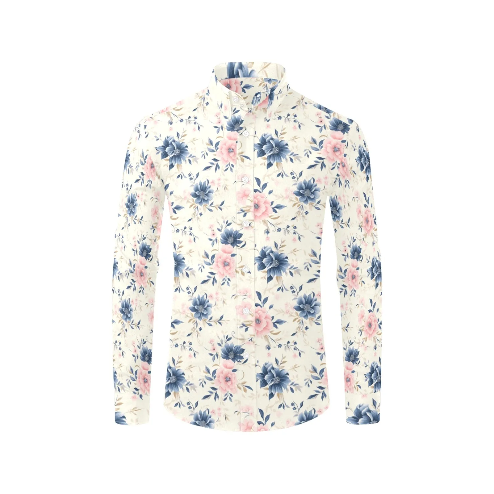 Pink Blue Floral Long Sleeve Men Button Up Shirt, White Flowers Print White Casual Buttoned Collared Designer Dress Shirt with Chest Pocket