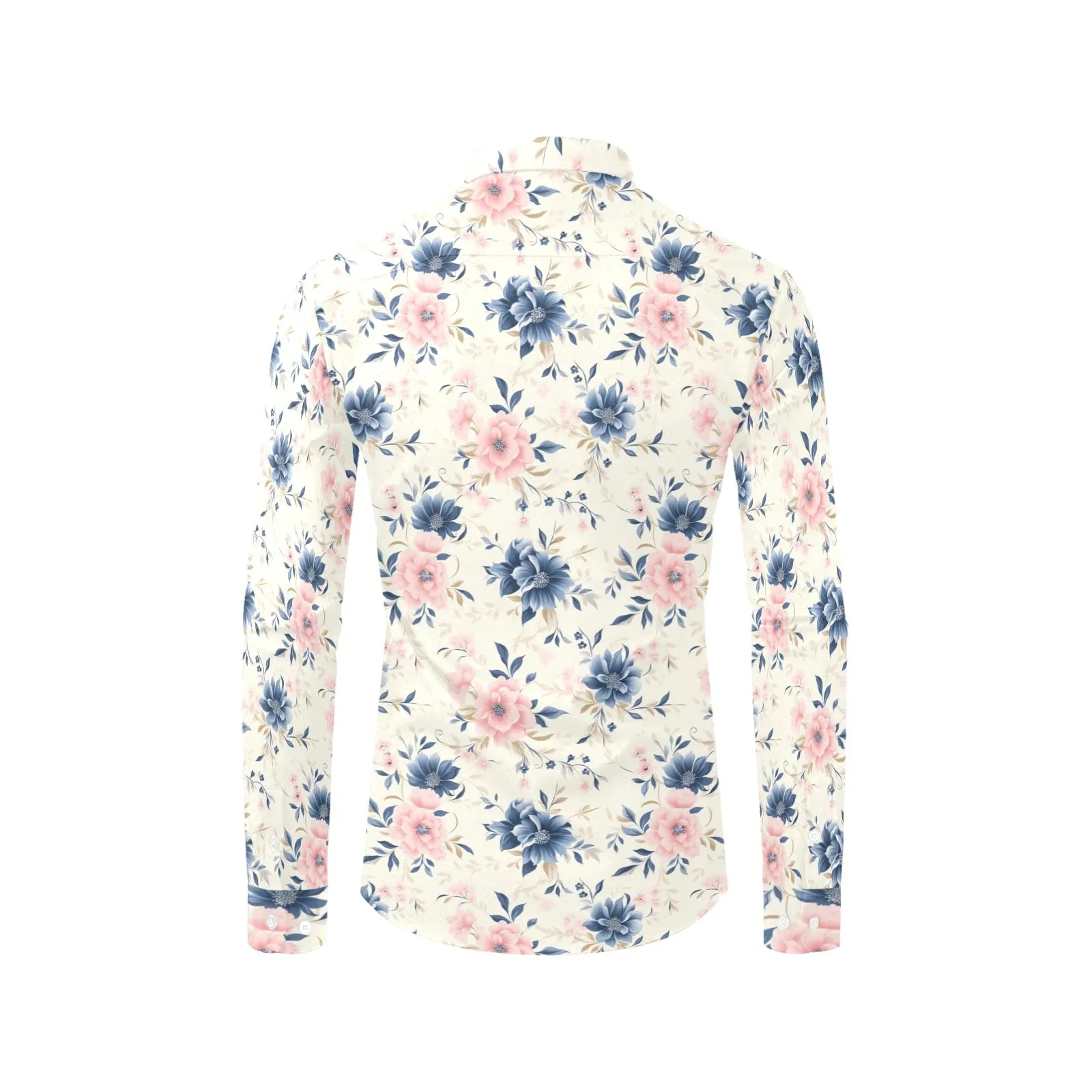 Pink Blue Floral Long Sleeve Men Button Up Shirt, White Flowers Print White Casual Buttoned Collared Designer Dress Shirt with Chest Pocket