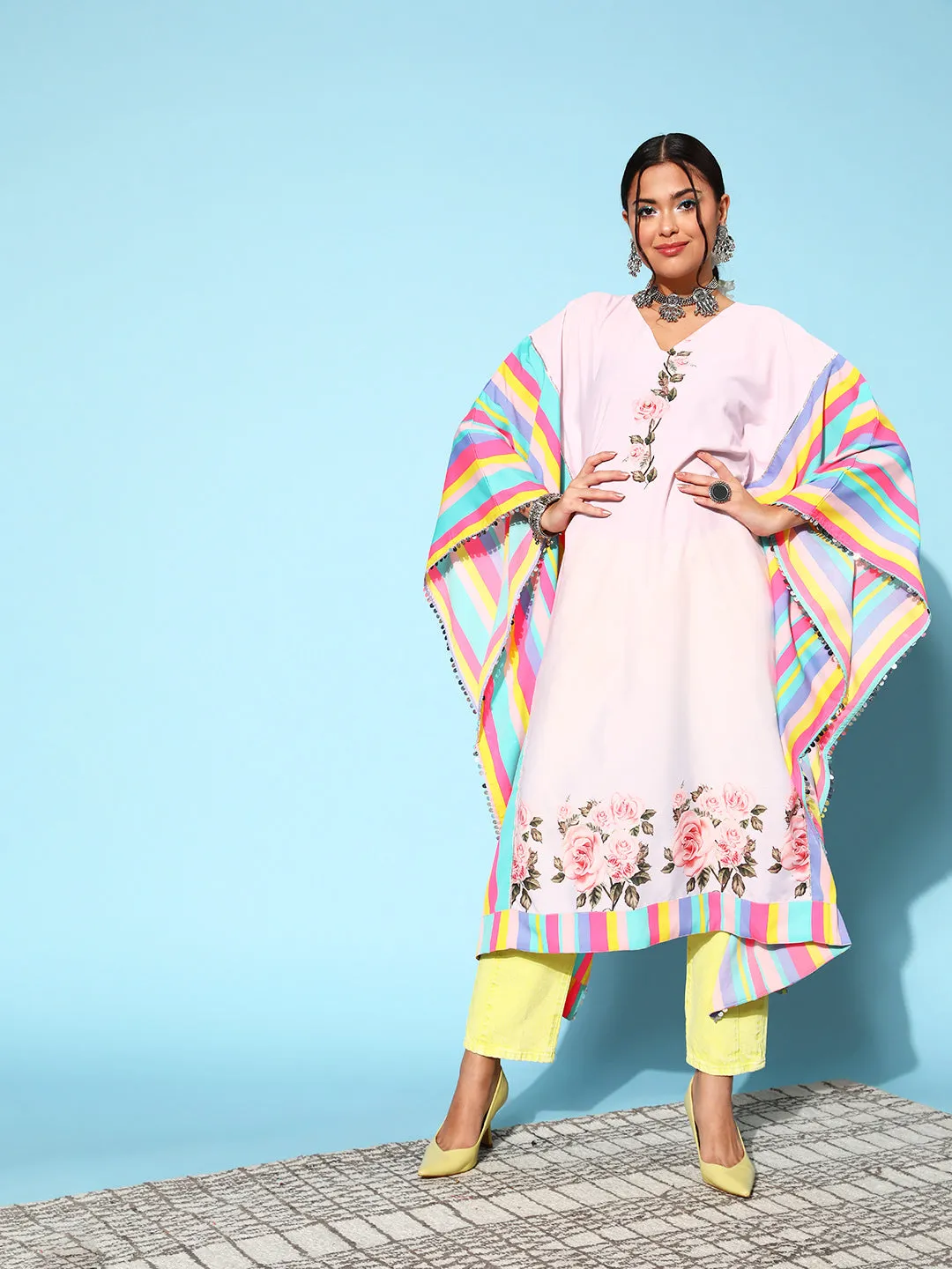 Pink Crepe Vacation Stripes Kaftan Kurta